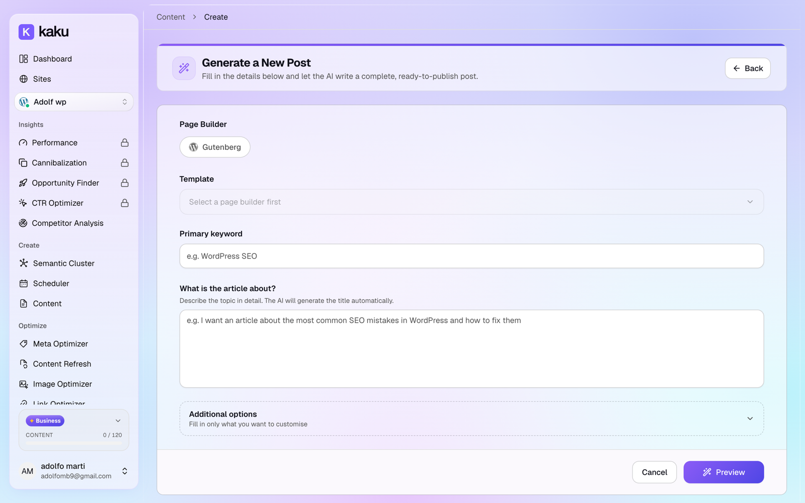 Kaku app: the Generate a New Post screen with page builder, primary keyword and topic fields