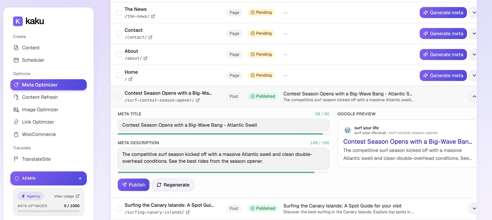 Kaku Meta-Tag Optimizer generating and editing meta titles and descriptions inline across a WordPress site