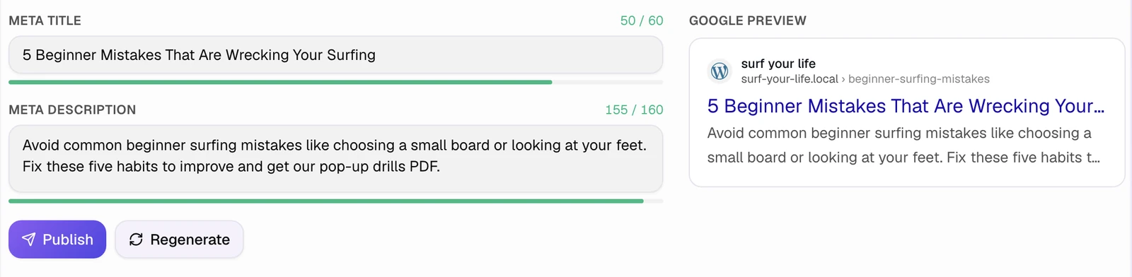 Kaku meta title and description editor with a live Google desktop SERP preview and character counters